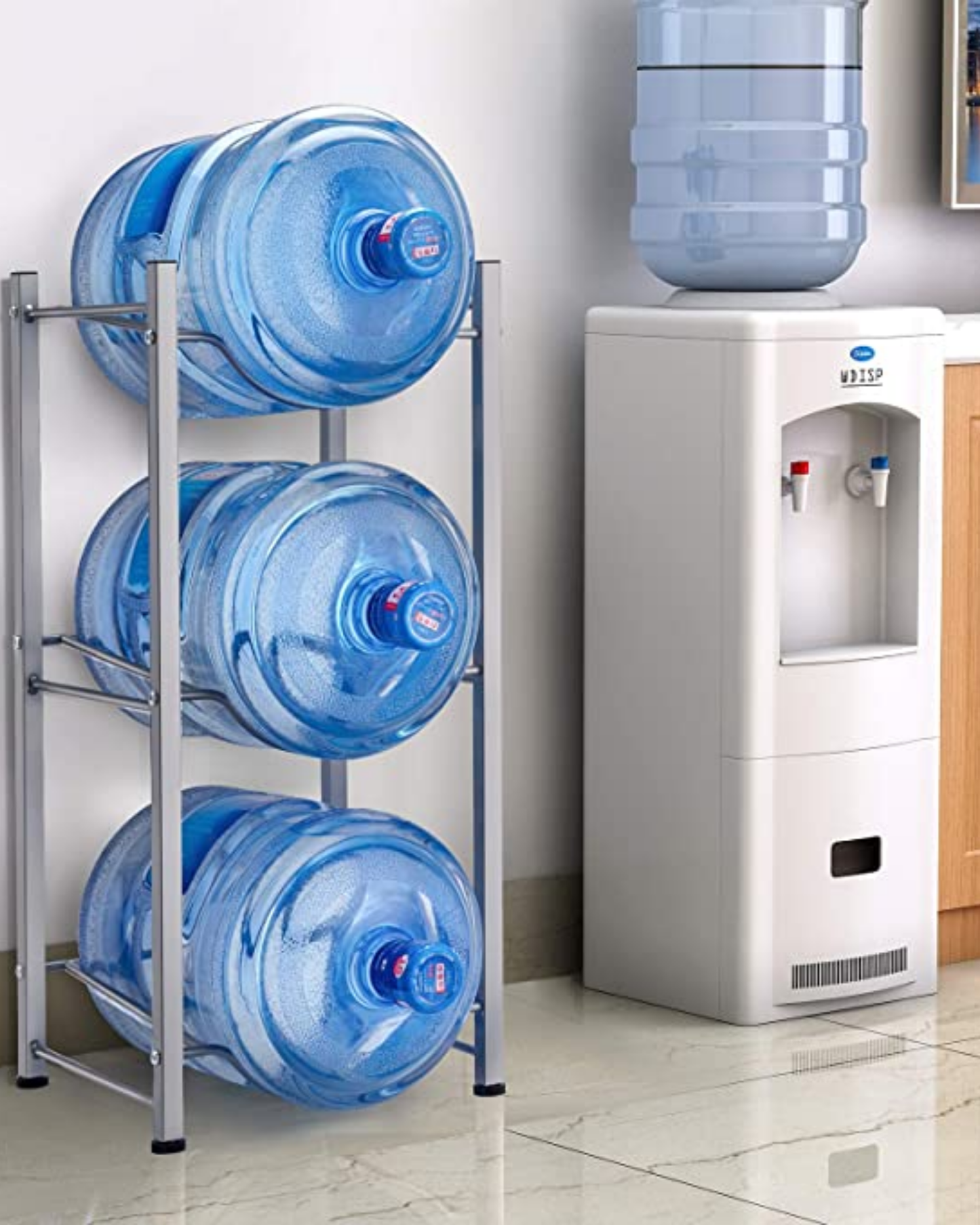 Rack Metálico Plateado para 3 Bidones de Agua – Organizador Compacto y Resistente